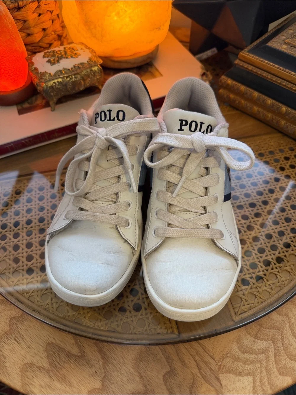 Polo by Ralph Lauren Kids White Sneakers with Navy Stripe and Bear
